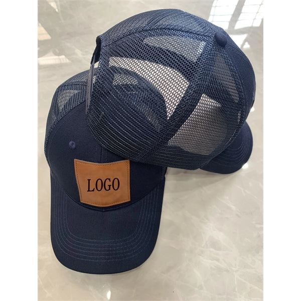6 Panel Leather Patch Baseball Cap With Mesh Back