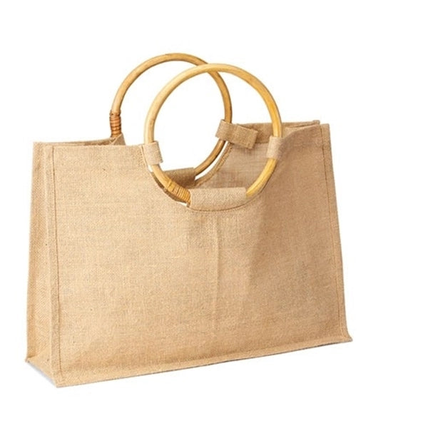Jute Shopping Tote with Round Cane Handles (17.5 x 12.5 x 5)