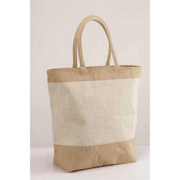 Two Tone Jute Beach Tote with Cotton Webbed Handles & Zipper