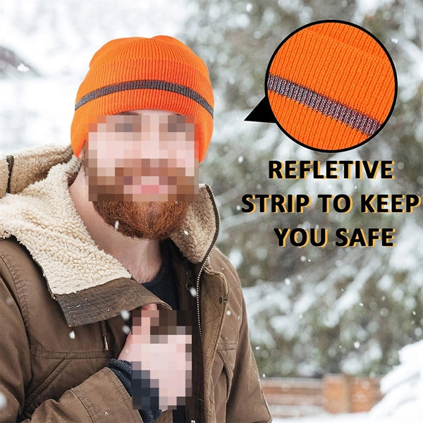 Knit Beanie Hat With Reflective Stripe