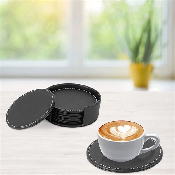 Set of 6 Round Leather Drink Coasters Cup Mat Pad