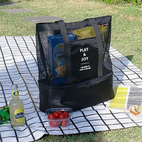 Mesh Beach Tote Lunch Bag With Cooler Bottom