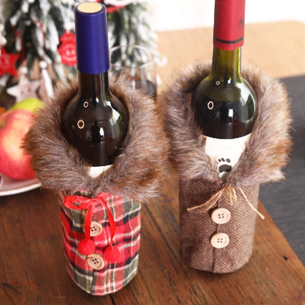 Checkered Pattern Fur Collar Clothes Red Wine Bottle Covers