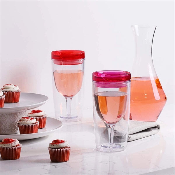 10oz Double Wall Goblet Shape Plastic Wine Tumbler With Lid