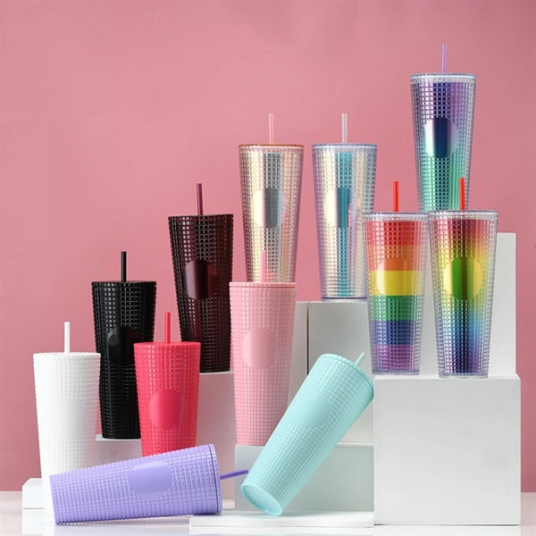 24 oz Plastic Studded Tumbler With Lid Straw Double Wall Cup
