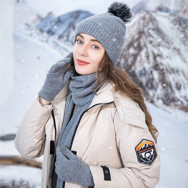 3Pcs Knitted Set Hat With Pom Scarf Touch Screen Gloves