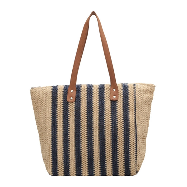 Striped Straw Woven Tote Bag
