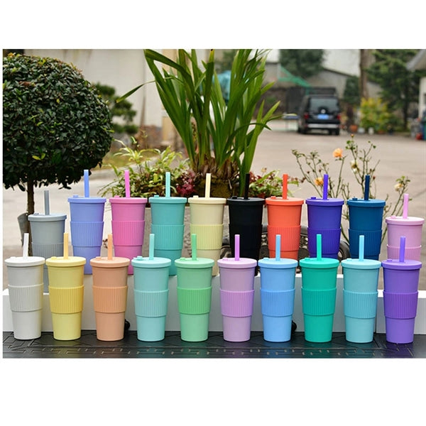 24OZ Double Walled Plastic Coffee Cup With Straw