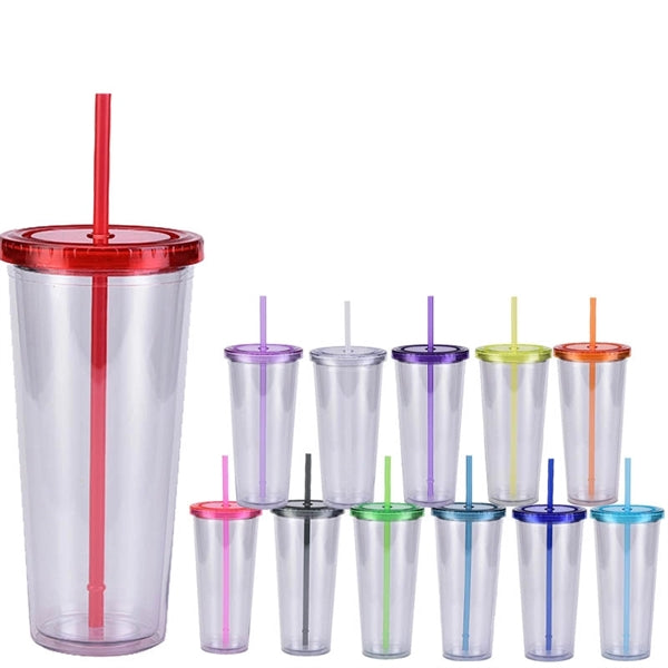 24oz Double Walled Plastic Cup With Straw