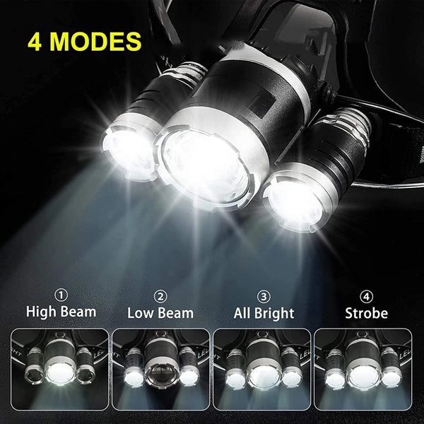 Adjustable 3 Heads Headlamp Rechargeable