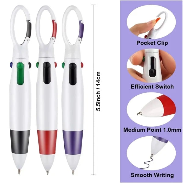 4 Color Retractable Shuttle Pens With Carabiner Clip