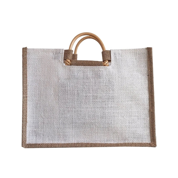 Blank Vine Wood Handle Jute Shopping Tote Bag