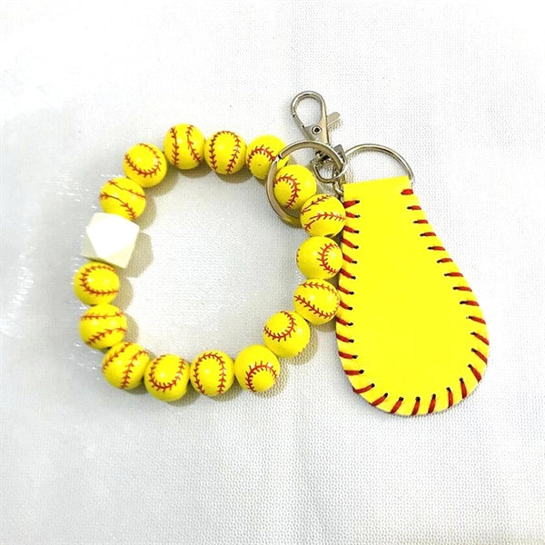 Softball Style Wooden Bead Bracelet Key Chain