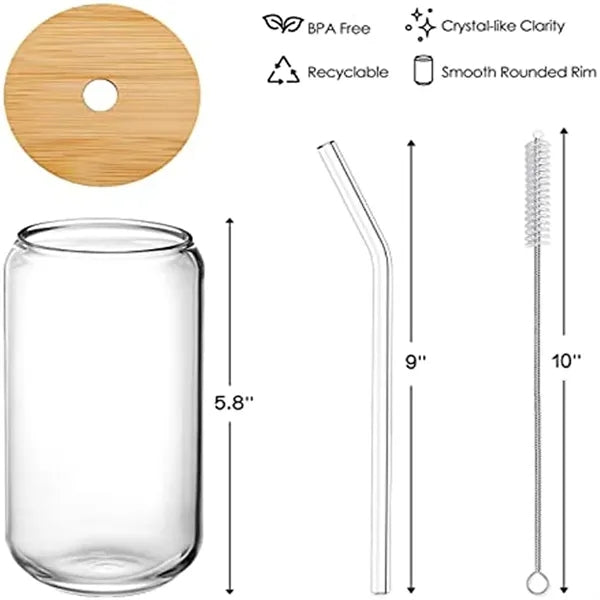16oz Can Shaped Glass Cup with Bamboo Lid and Straw