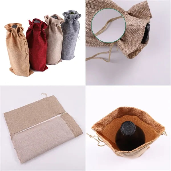 Wine Champagne Bag Linen Cloth Gift With Closing Rope