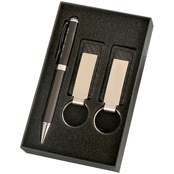 Dual Leatherette Keychains and Ballpoint Pen Gift Set