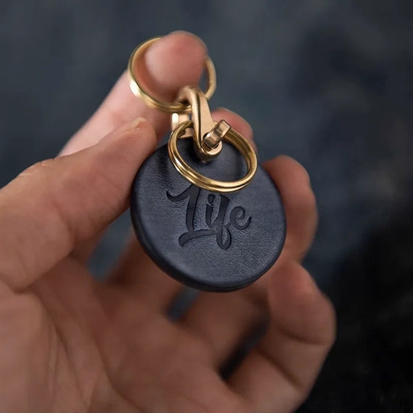 Round Leather Pendant Keychain Solid Brass Horseshoe Clasp