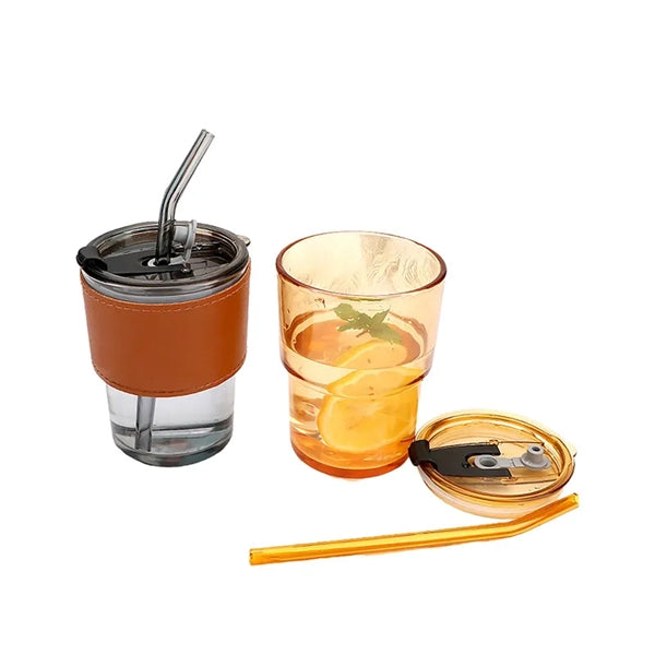 12oz Glass Tumbler with Straw and Lid leather Sleeve