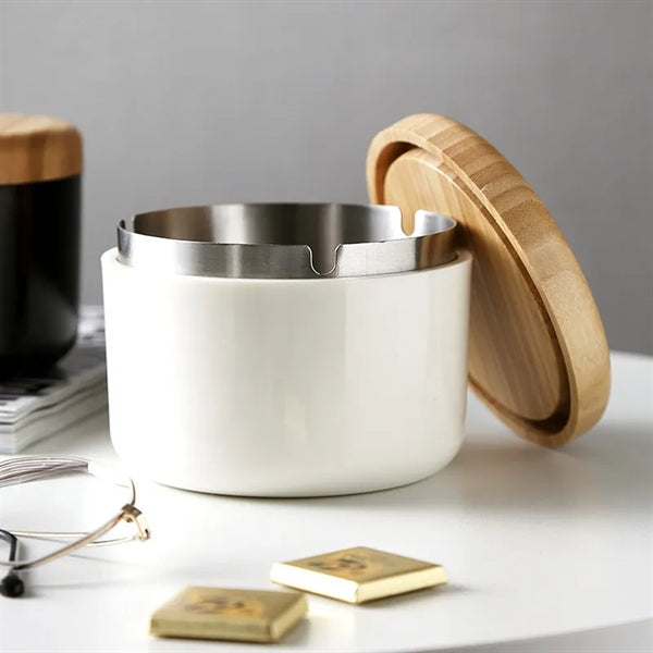Portable High Capacity Stainless Steel Ashtray With Wood Lid