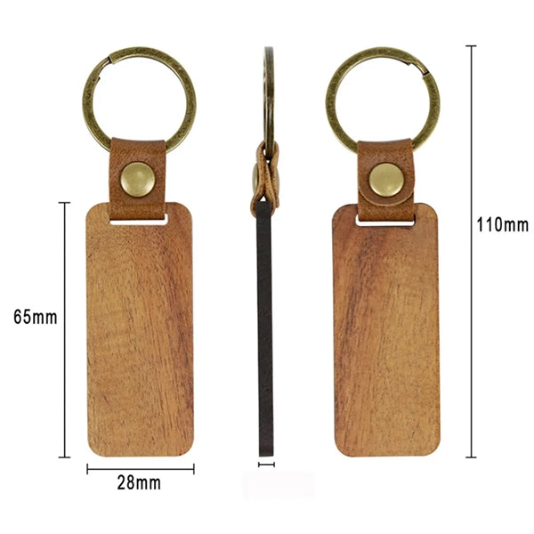 Wooden Rectangle Leather Keychain
