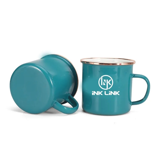 12Oz White Enamel Mug Silver Rim With Case