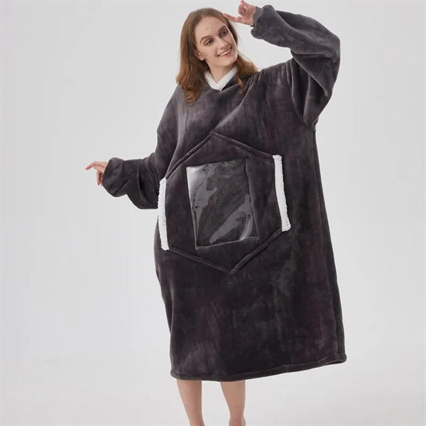 Winter Oversized Hoodie Wearable Blanket With Clear Pocket