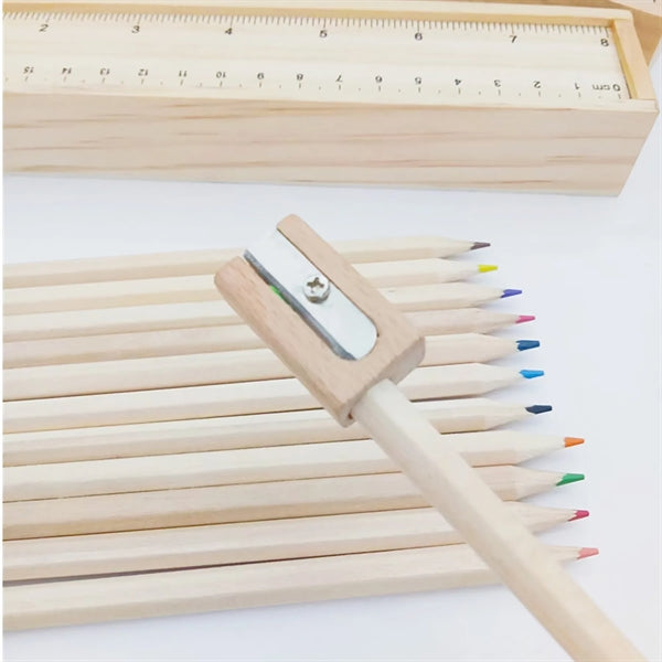 12 Colouring Pencils & Sharpener In Ruler Box
