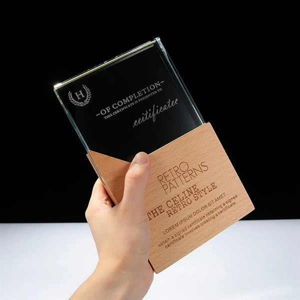 Engraved Crystal Trophy Award With Wooden Base