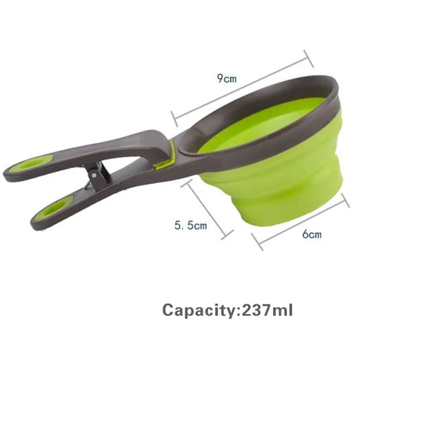 Collapsible Dog Food Scoop with Unique Lid and Bag Clip