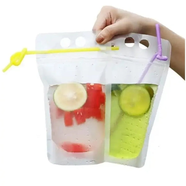 Plastic drink pouch with straw