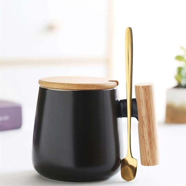 12oz. Ceramic Wooden Handle Tea cup Lid Spoon Coffee Mug
