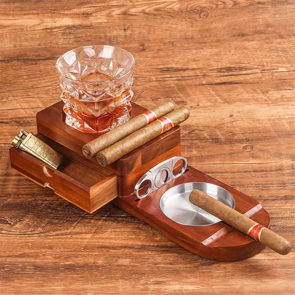 Wooden Cigar Humidor Ashtray Coaster Whiskey Glass Tray Set