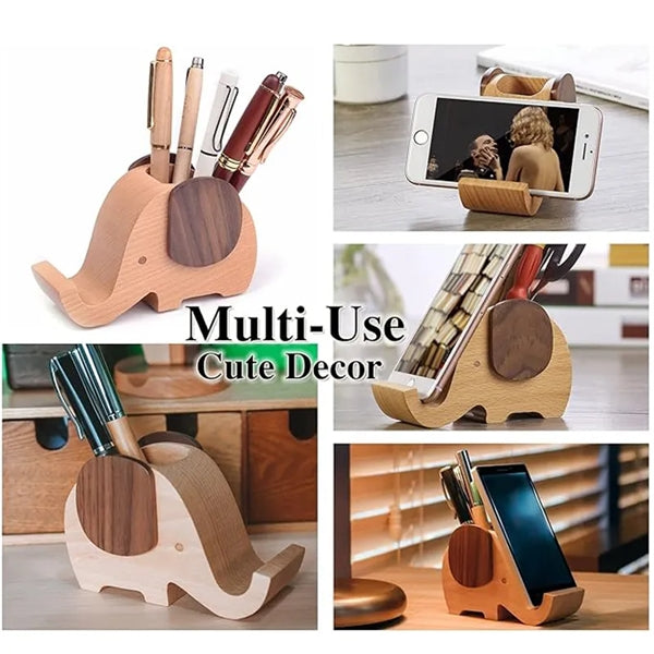 Elephant Wooden Pen Cup With Phone Holder