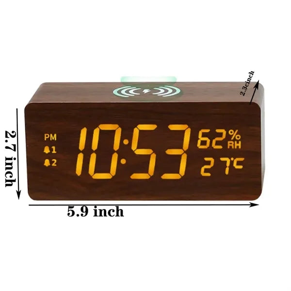 Wooden Digital Alarm Clock Wireless Charging