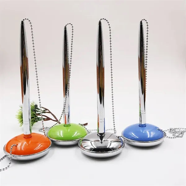 Metal Bank Sign Secure Counter Pen With Base Ball Chain