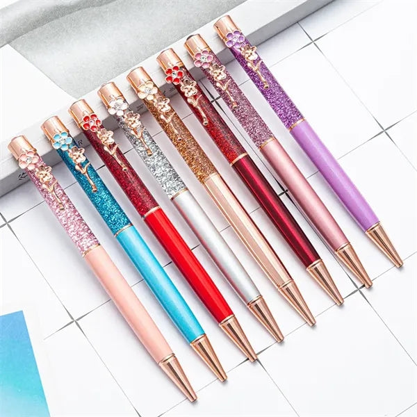 Liquid Sand Glitter Metal Ballpoint Pen With Flower Clip