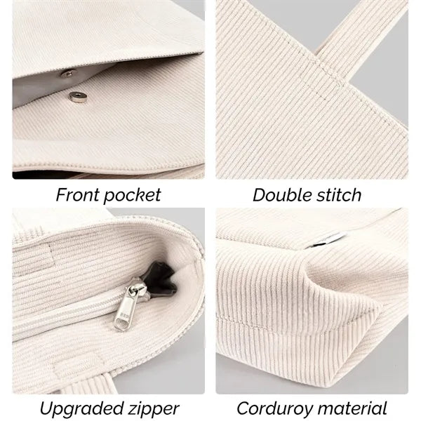 Corduroy Tote Shoulder Bag With Zipper And Pockets