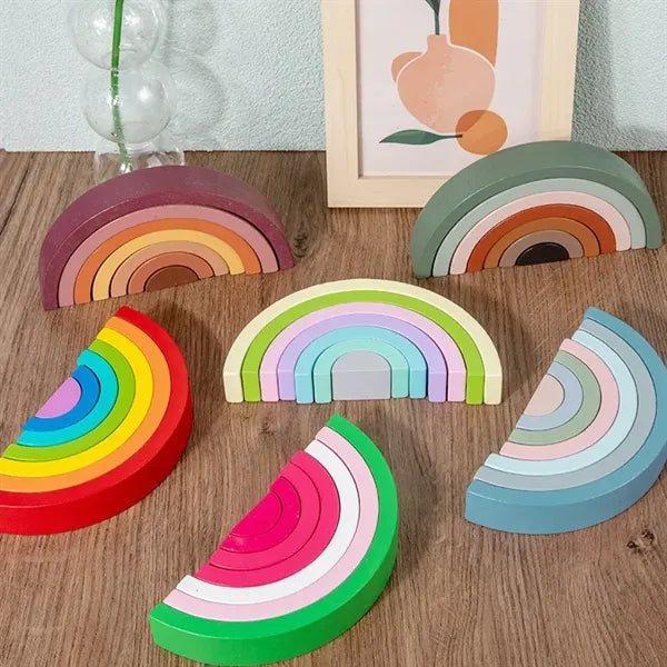 Wooden Rainbow Stacker Nesting Sort Building Blocks Toys
