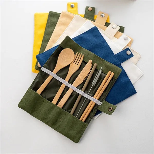 Portable Eco-Friendly Bamboo Camping Cutlery Set With Pouch