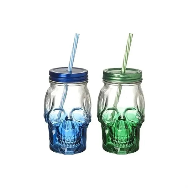 16 oz Glass Skull Cup with Straws