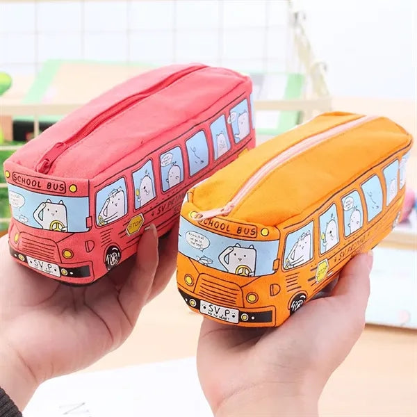 Cartoon City Bus Pencil Pouch Large Canvas Zipper Bag