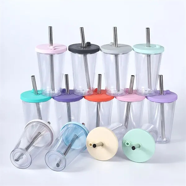 16 oz Plastic Double Wall Tumbler with Lid and Metal Straw