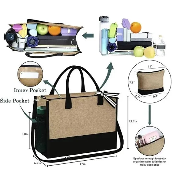 Jute Tote & Makeup Bag with Zipper Adjustable Strap Gift