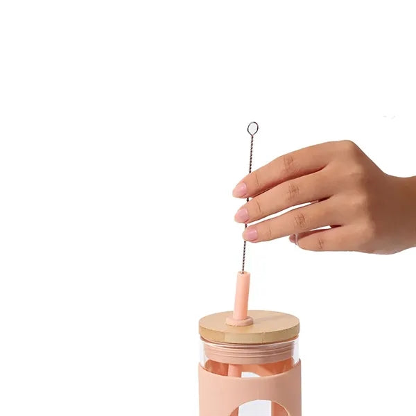 Glass Water Bottle Straw Protective Sleeve Bamboo Lid