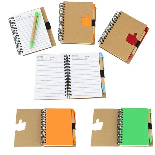 Spiral Pocket Kraft Hard Cover Notebook With Ballpoint Pen