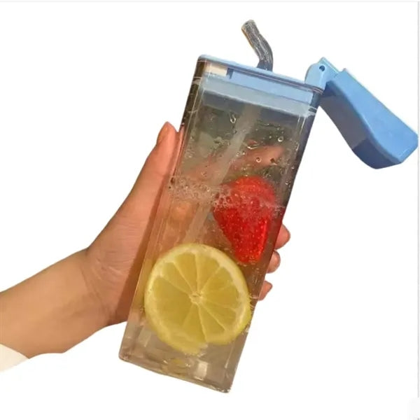 12Oz Rectangle Water Bottle With Straw