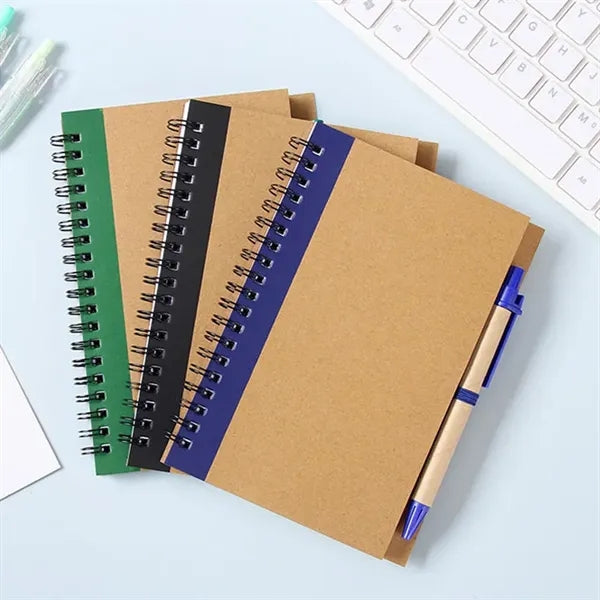 Spiral Kraft Hard Cover Notebook Journal W/Ballpoint Pen