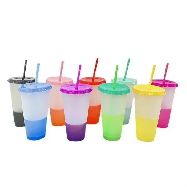 24oz Plastic Color Changing Tumbler with Lids and Straws