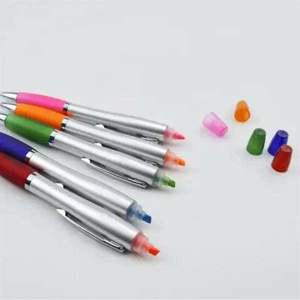 2 In 1 Plastic Click Action Ballpoint Pen With Highlighter