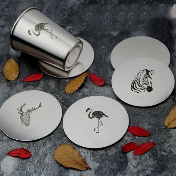 6 Piece Round Stainless Steel Coaster Set with Stand